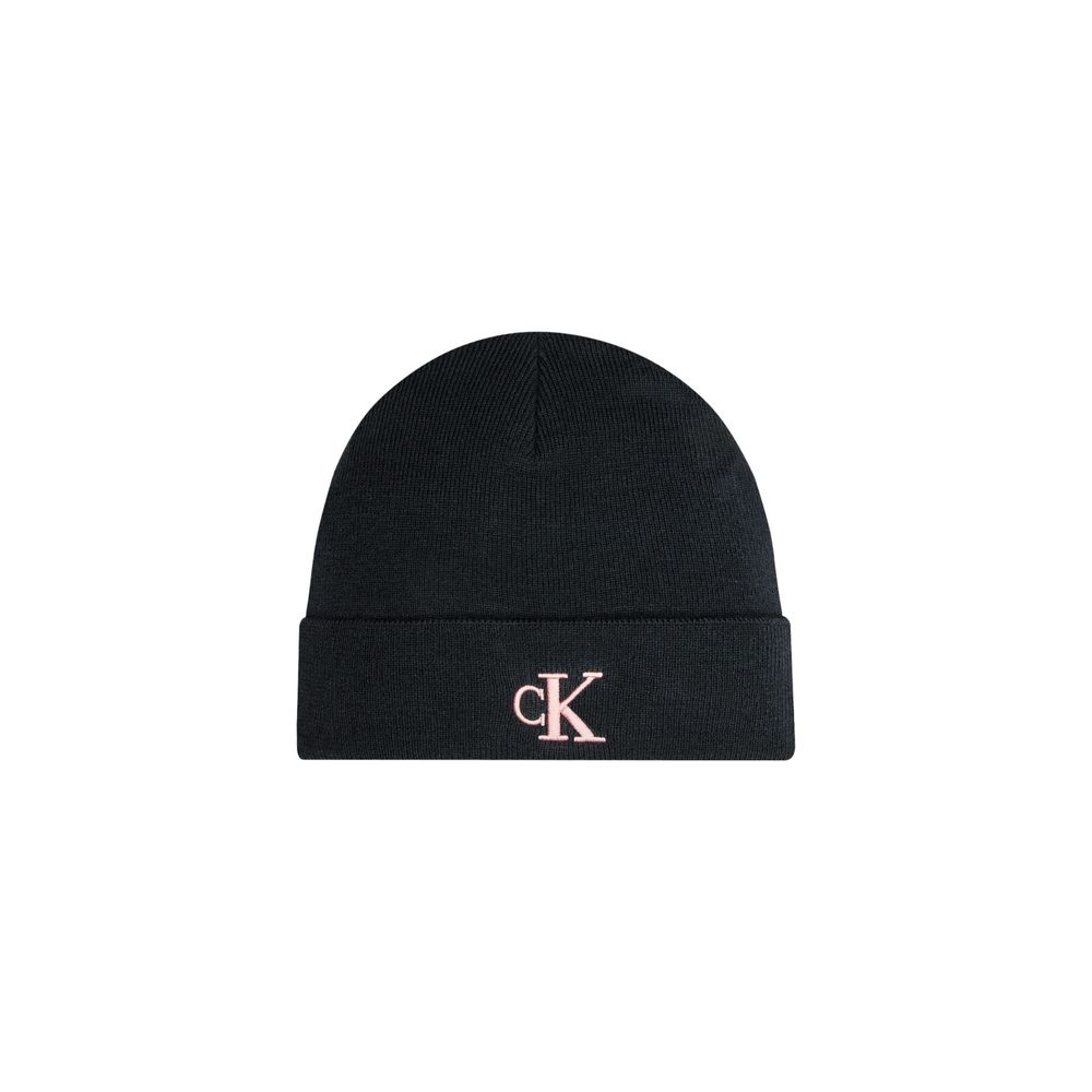 Calvin Klein Jeans Pink Recycled Polyester Cap (Baseball Hat), embroidered beanie, black with pink CK logo, sustainable fashion accessory