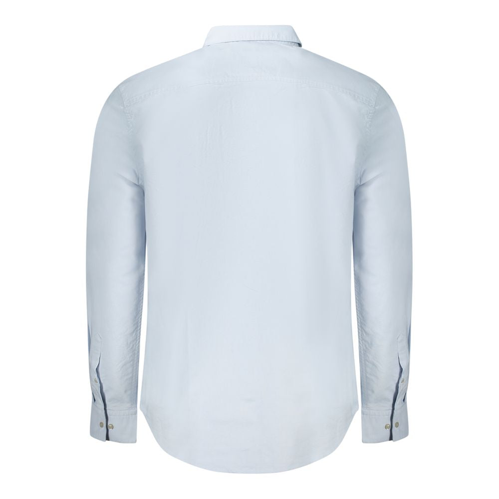Back view of Calvin Klein Light Blue Cotton Men Shirt with long sleeves, button-down collar, and adjustable cuffs.