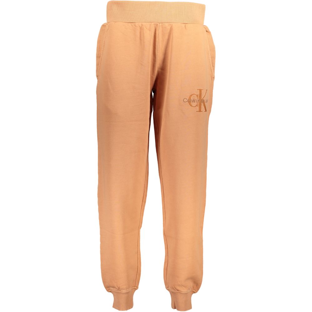 Calvin Klein Orange Cotton Pant with elastic waist, ankle cuffs, and logo. Sports trousers with embroidery and pockets.