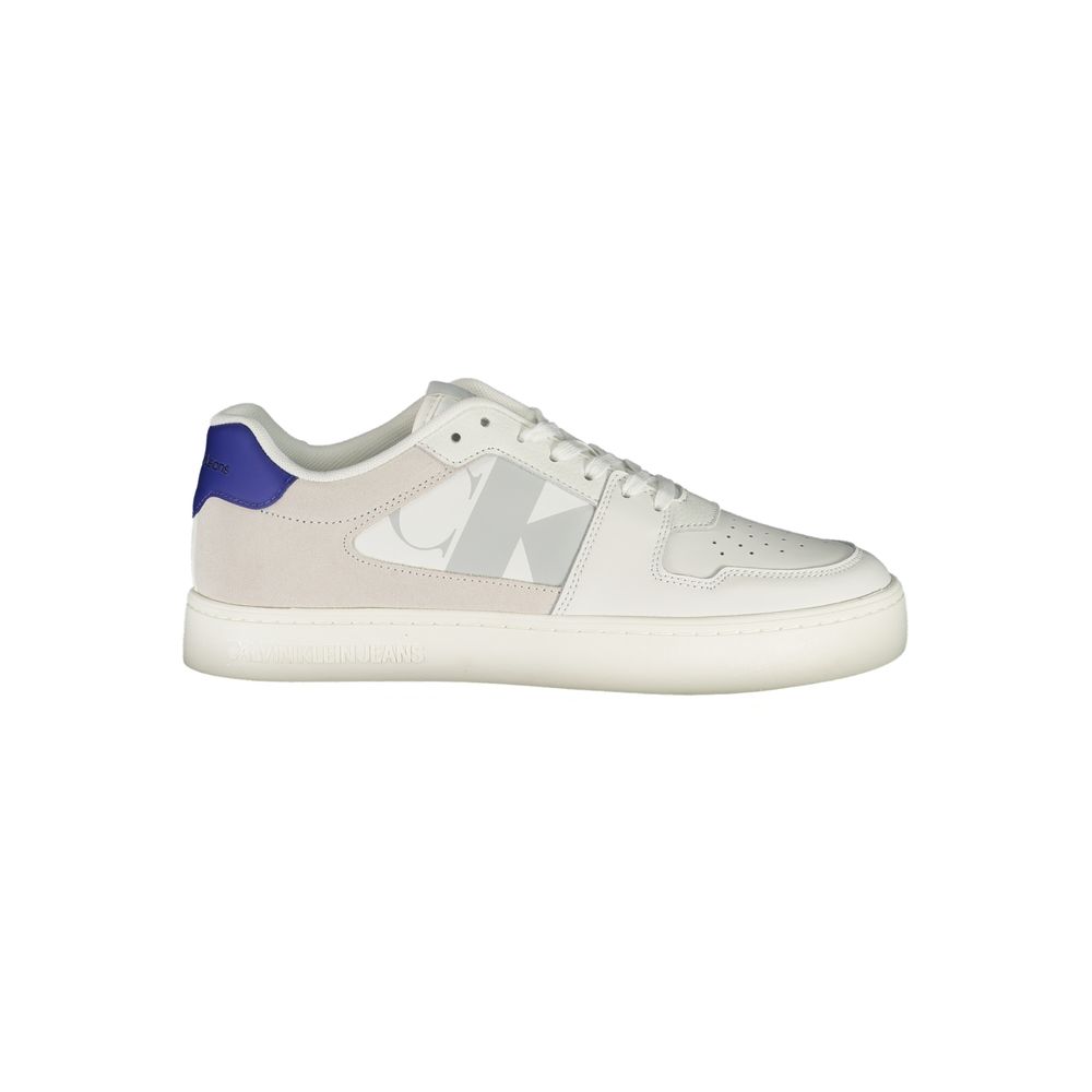 Calvin Klein White Leather Mens Sneaker with blue accents and logo, featuring eco-friendly design with 50% recycled materials.