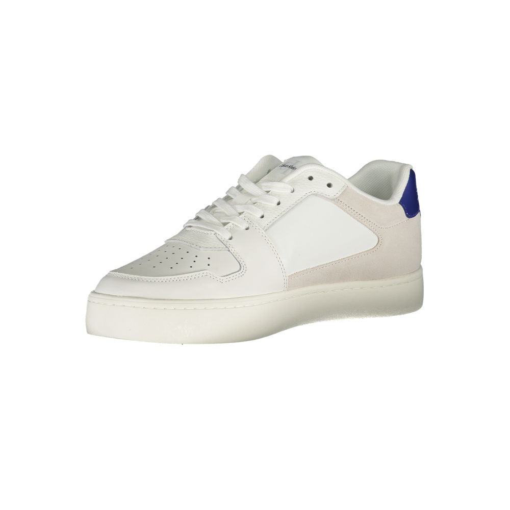 Calvin Klein White Leather Mens Sneaker with eco-friendly design and bold contrast details for the fashion-forward individual.
