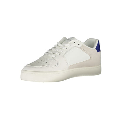 Calvin Klein White Leather Mens Sneaker with eco-friendly design and bold contrast details for the fashion-forward individual.