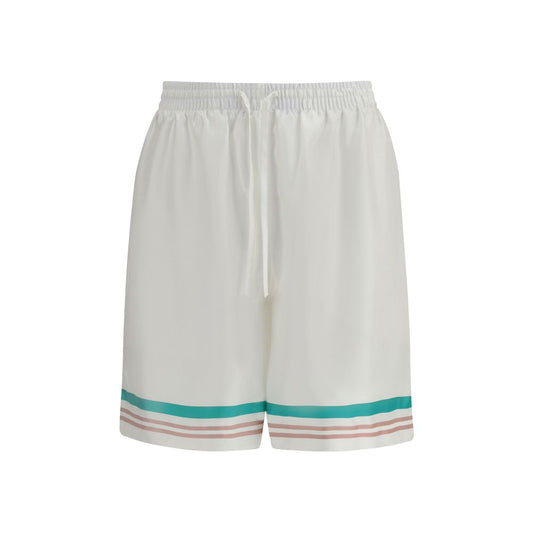 Casablanca White Silk Bermuda Shorts with elastic waistband and side seam pockets, featuring striped detailing, 100% silk twill.