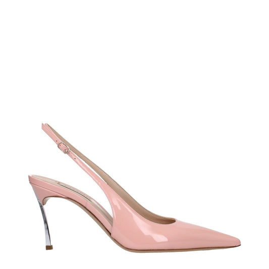 Casadei Pink Leather High Heel Pumps with silver buckle, pointy toe, 8.5 cm mid heels, and leather sole. MPN 1G590X080MC14814108.
