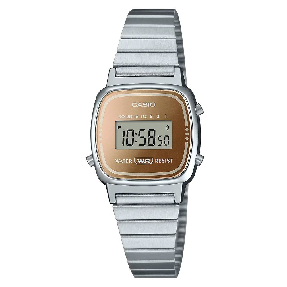 Casio Gray Stainless Steel Digital Watch with brown dial, quartz mechanism, and chronograph functions.