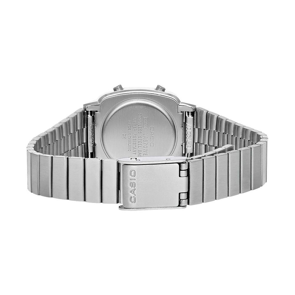 Back view of Casio Gray Stainless Steel Digital Watch with quartz mechanism and pressure closure.