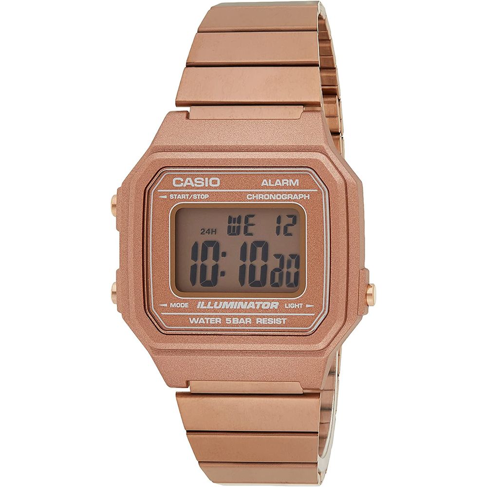 Casio Multicolor Stainless Steel Digital Watch with pink stainless steel case and bracelet, mineral glass, and 5ATM water resistance.
