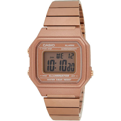 Casio Multicolor Stainless Steel Digital Watch with pink stainless steel case and bracelet, mineral glass, and 5ATM water resistance.