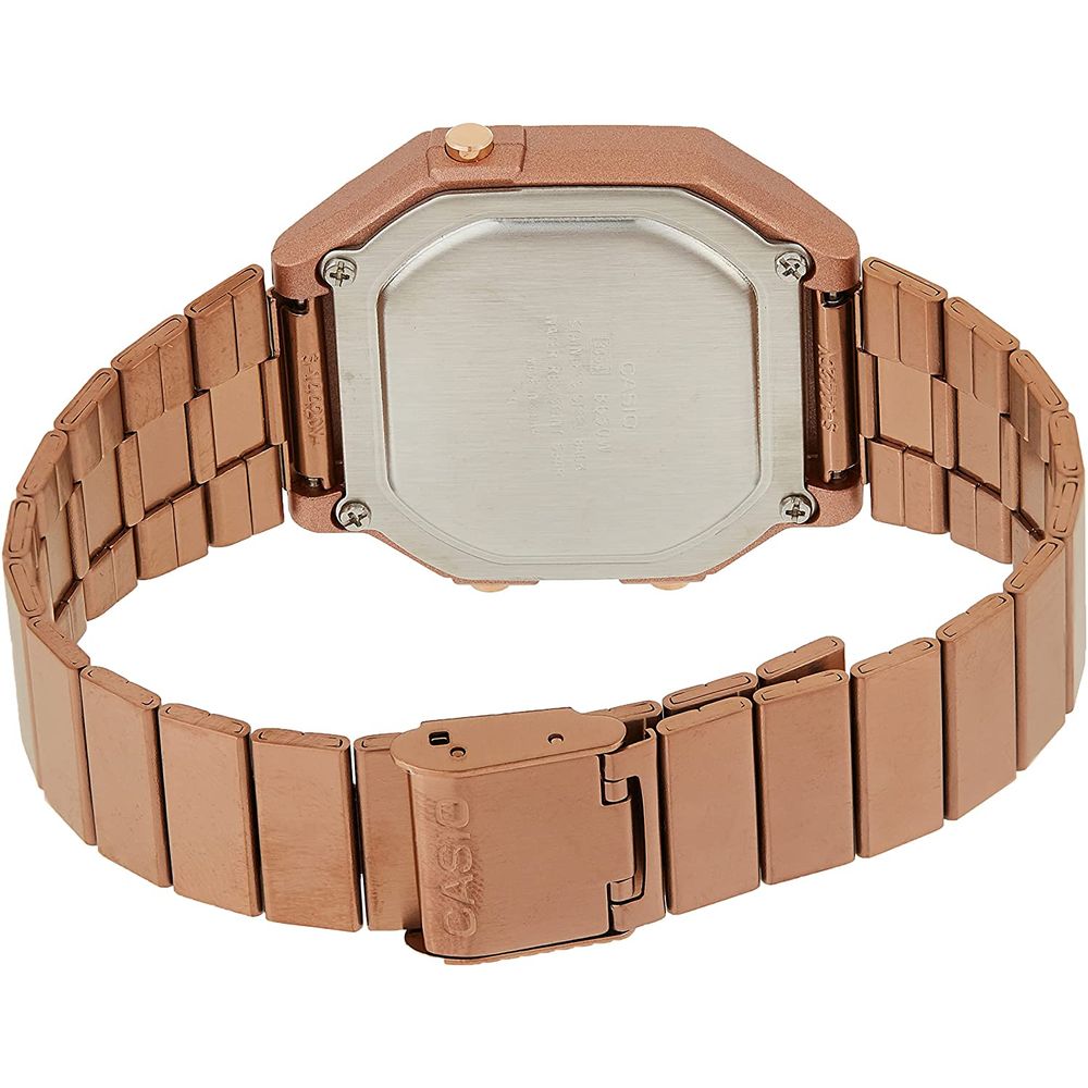 Back view of Casio Multicolor Stainless Steel Digital Watch with pink stainless steel bracelet and pressure closure.