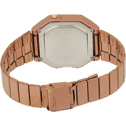 Back view of Casio Multicolor Stainless Steel Digital Watch with pink stainless steel bracelet and pressure closure.