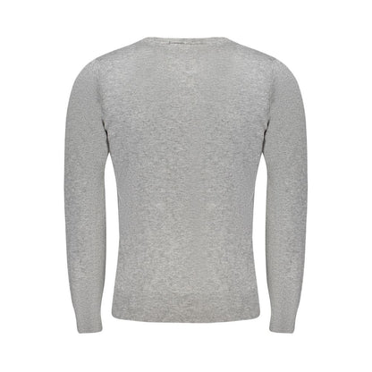 Back view of a grey long-sleeved sweater for men