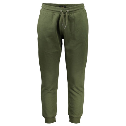 Alt Tag: Cavalli Class Green Cotton Pant with elastic waist, laces, 3 pockets, ankle cuff, embroidery, and logo.