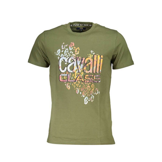 Cavalli Class Green Cotton T-Shirt with short sleeves, round neck, and logo print.