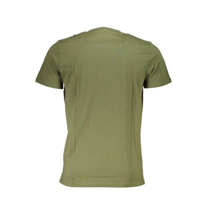 Cavalli Class Green Cotton T-Shirt featuring short sleeves, round neck, print, and logo. Back view of the t-shirt.