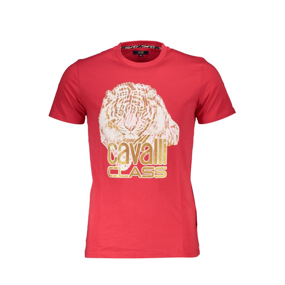 Cavalli Class Red Cotton Men TShirt with bold graphic print and prominent logo, perfect for trendsetters seeking style and comfort.
