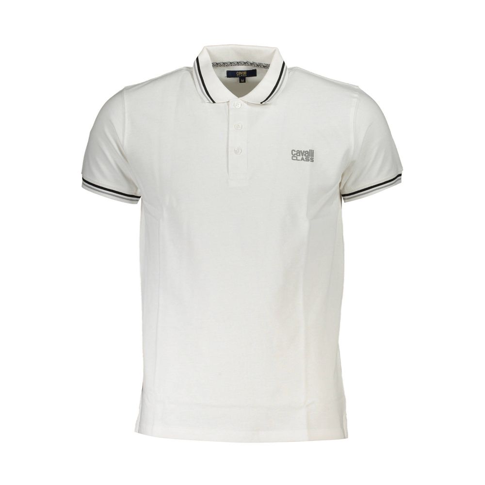 Cavalli Class White Cotton Men Polo Shirt with bold print and contrasting details, featuring iconic Cavalli Class logo for luxury style.