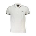 Cavalli Class White Cotton Men Polo Shirt with bold print and contrasting details, featuring iconic Cavalli Class logo for luxury style.