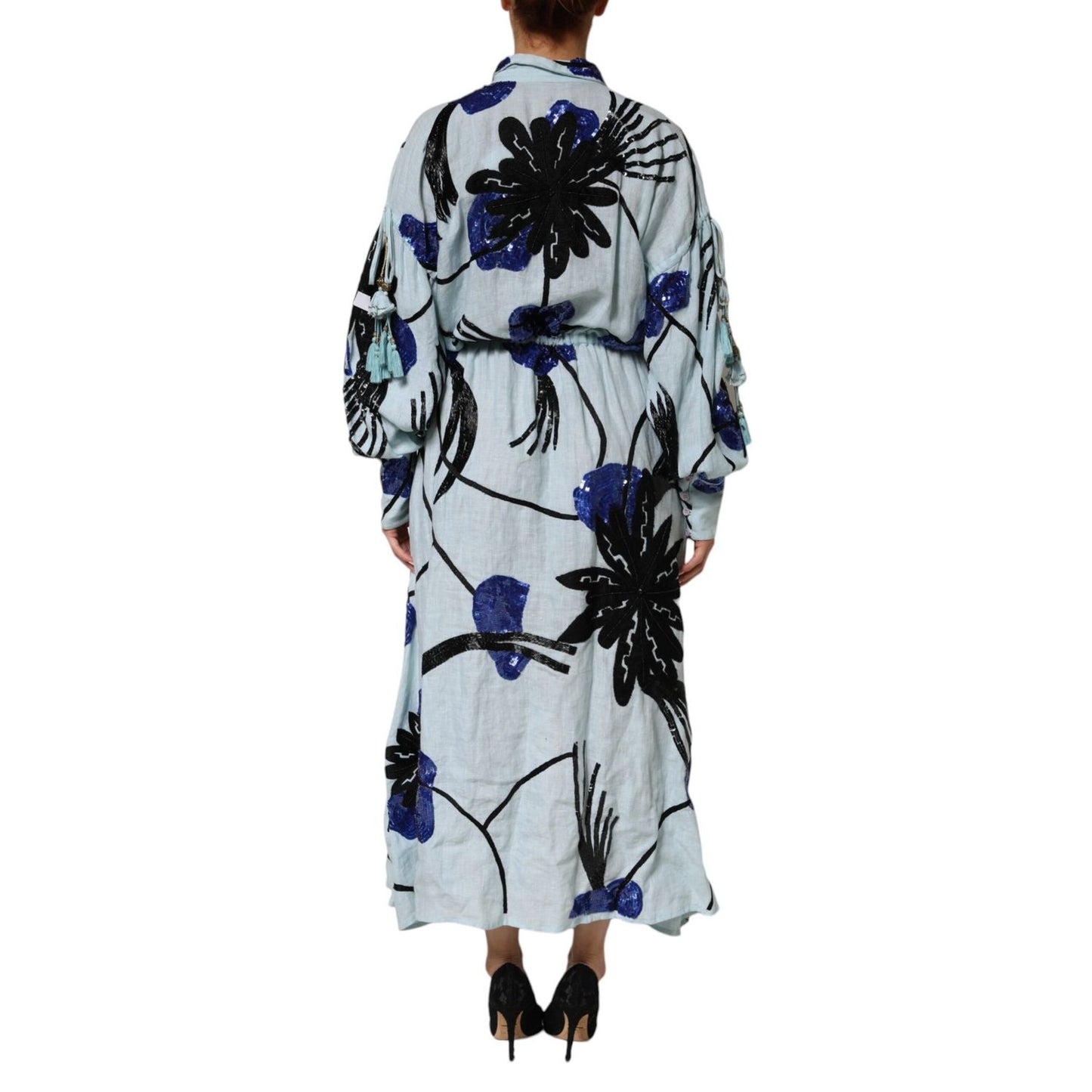 Christian Pellizzari Blue Sequin Embellished Shirt Maxi Dress back view with floral motifs