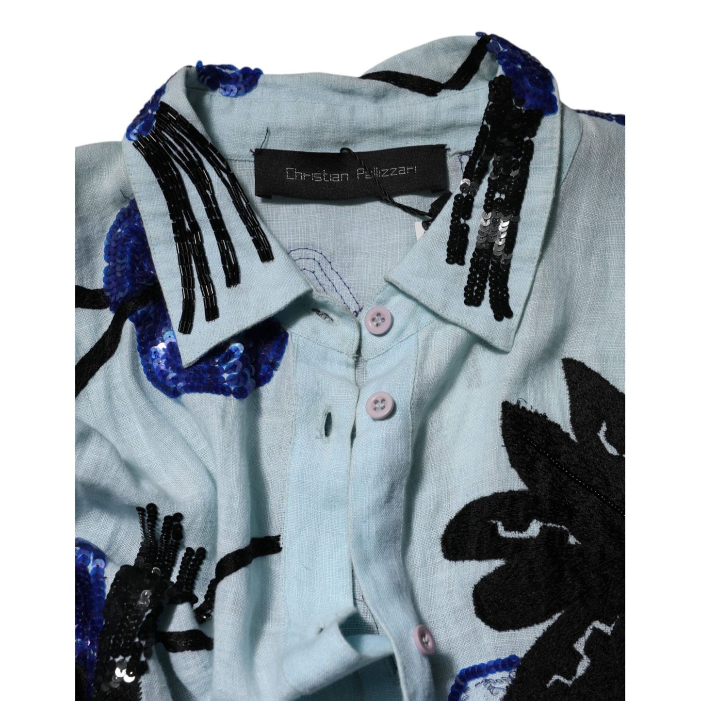 Christian Pellizzari Blue Sequin Embellished Shirt Maxi Dress, close-up of collar with pointed design and floral sequins.