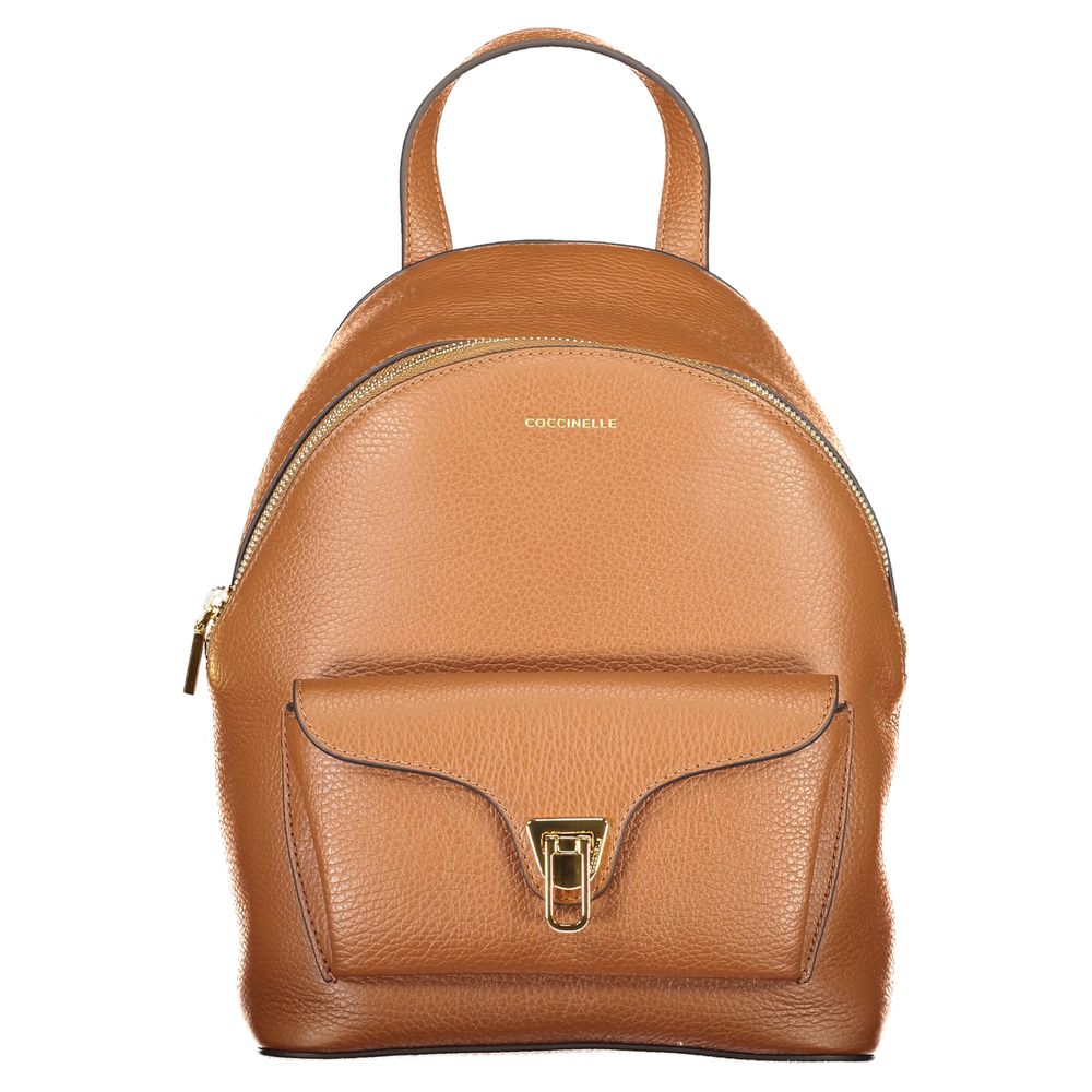 Coccinelle Brown Leather Women Backpack with adjustable straps and twist closure, ideal for chic, on-the-go fashion.