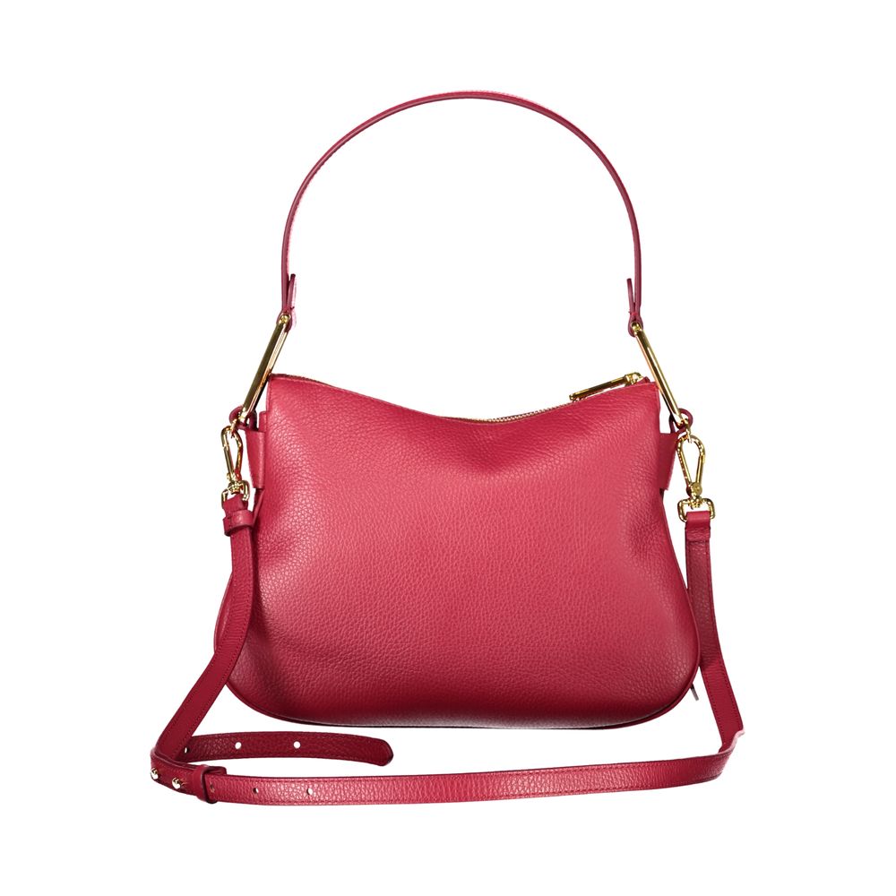 Coccinelle Red Leather Handbag with shoulder handle, internal pocket, document holder, and zip closure, featuring logo.