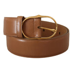 Costume National Brown Leather Gold Metal Oval Buckle Belt for women, made in Italy, with Dolce & Gabbana logo details.