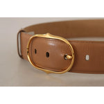 Costume National Brown Leather Gold Metal Oval Buckle Belt for women, luxury leather belt with gold buckle details, made in Italy.