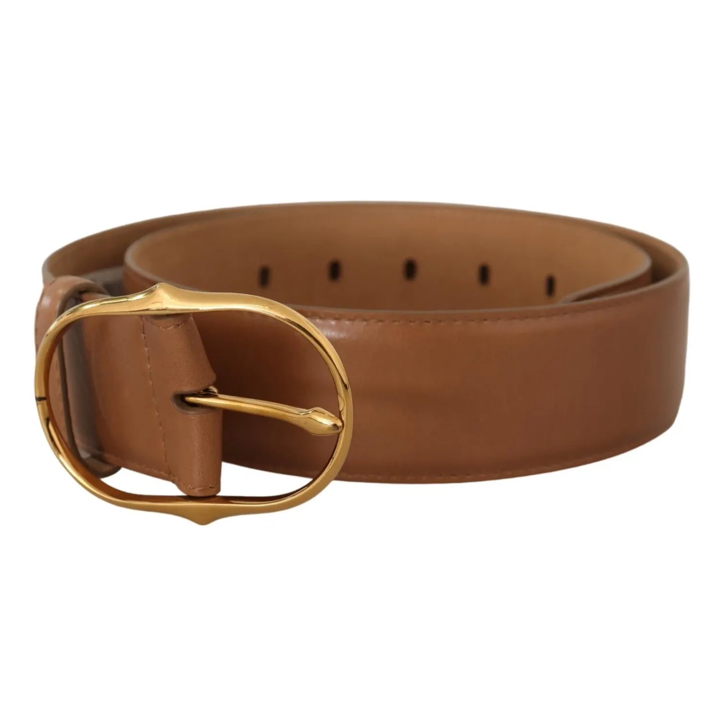 Costume National Brown Leather Gold Metal Oval Buckle Belt for women by Dolce & Gabbana, made in Italy, showcasing luxury fashion.