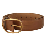 Costume National Brown Leather Gold Metal Oval Buckle Belt for women by Dolce & Gabbana, made in Italy, showcasing luxury fashion.