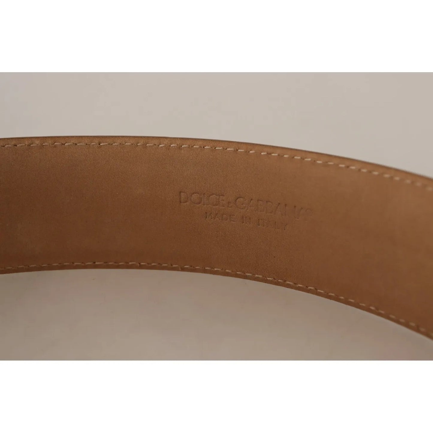 Costume National Brown Leather Gold Metal Oval Buckle Belt inside view with embossed Dolce & Gabbana logo, made in Italy.