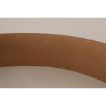 Costume National Brown Leather Gold Metal Oval Buckle Belt inside view with embossed Dolce & Gabbana logo, made in Italy.