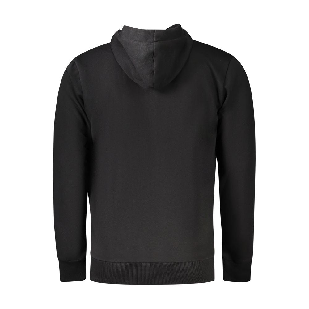 Coveri Moving Black Cotton Men Sweater back view with hood and long sleeves, showcasing premium fabric and flawless design.
