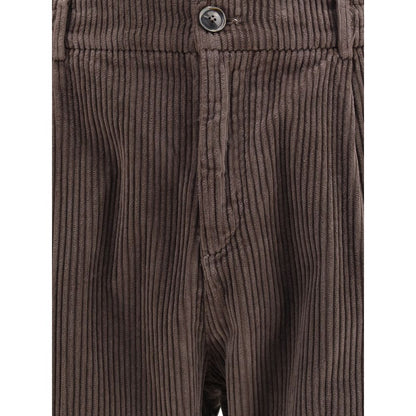 Cruna Brown Cotton Casual Pants with corduroy texture and slim fit design, featuring a zip-and-button closure, ideal for autumn wear.