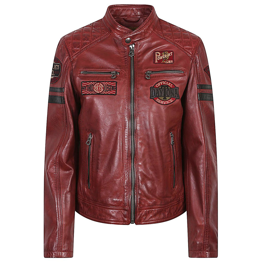 DAYTONA 73 Walkora Jackets Bordeaux in red lambskin, inspired by vintage car and motorcycle racing, with brushed detailing.