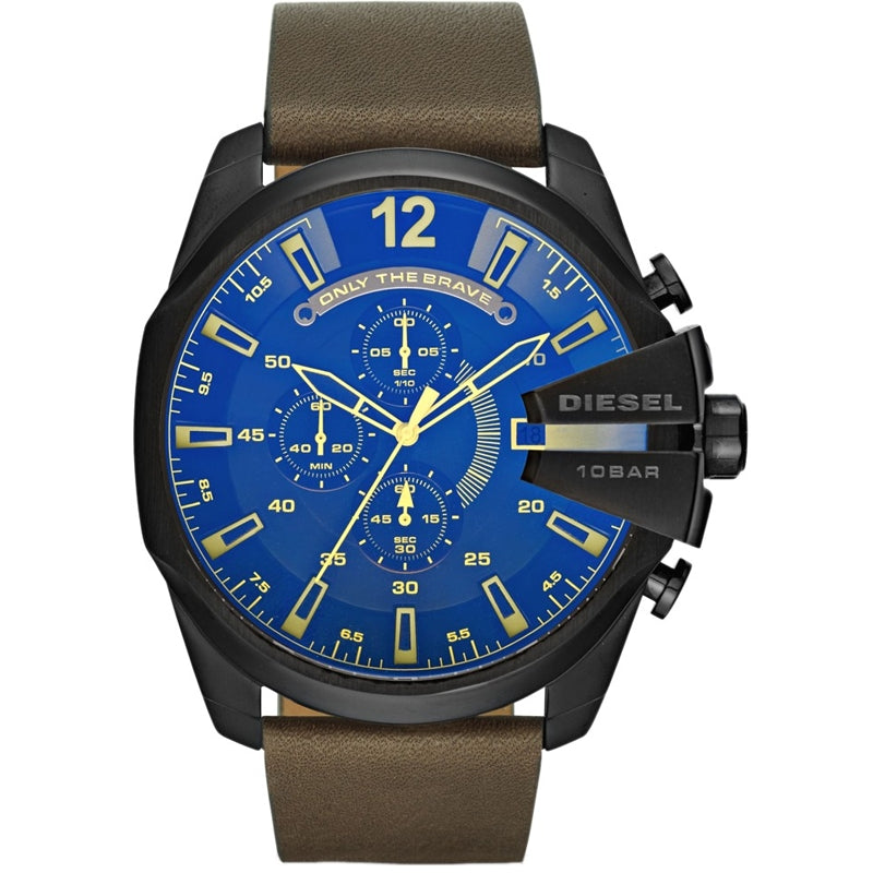 DIESEL Mod. DZ4401 wristwatch with 51mm SS IP black case, brown leather strap, blue dial, multifunction quartz movement, 10 ATM water resistance.