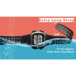 CASIO SPORT Mod. ILLUMINATOR DIVER 200M. 10 YEARS BATTERY - XL STRAP wristwatch, water-resistant, extra-long strap displayed submerged.