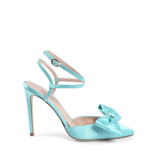 Chic turquoise satin sandal with ankle strap and bow, 10cm stiletto heel, pointed toe. 100% satin. Fashionable and elegant footwear.
