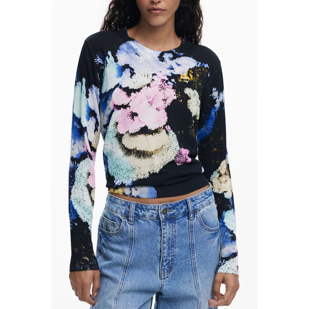 Desigual Black Linen Women Sweater with colorful pattern and long sleeves, showcasing the iconic Desigual logo, perfect for stylish comfort.