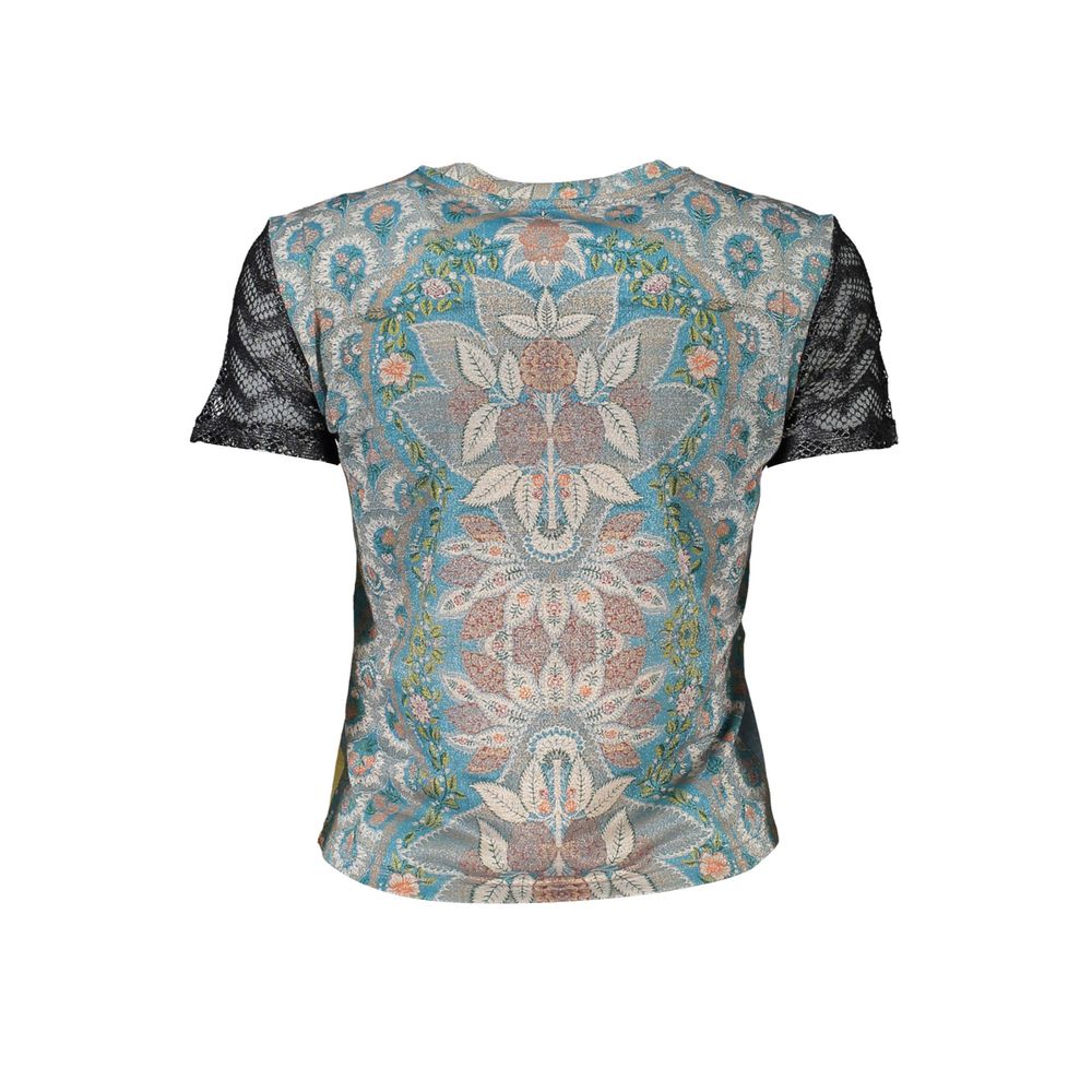 Desigual Blue Polyester Women T-Shirt with dynamic print and short sleeves, showcasing vibrant energy and unique design.