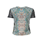Desigual Blue Polyester Women T-Shirt with dynamic print and short sleeves, showcasing vibrant energy and unique design.