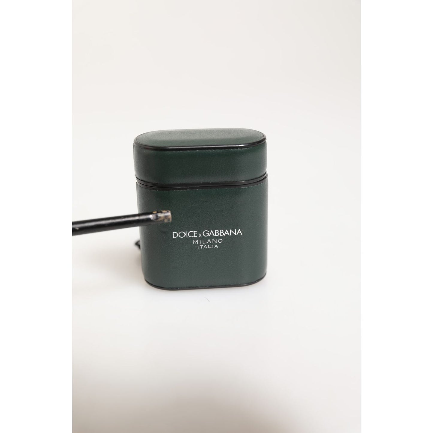 Dolce & Gabbana Army Green Calfskin Leather Logo Flip Holder Airpods Case with sleek flip-top closure, showcasing iconic logo.