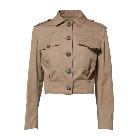 Dolce & Gabbana Beige Cotton Button Up Fitted Cropped Jacket featuring long sleeves and tailored design.