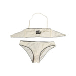 Dolce & Gabbana Beige Logo Swimsuit 2 Piece Top Bottom Swimwear with bandeau top and brief, featuring signature logo, sleek design.