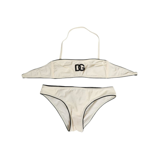 Dolce & Gabbana Beige Logo Swimsuit 2 Piece Top Bottom Swimwear set with logo on white background.