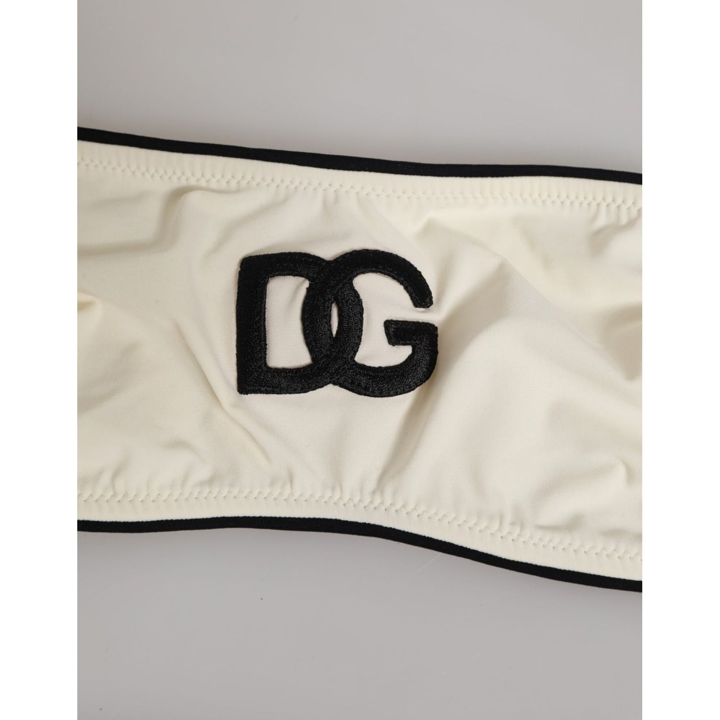 Dolce & Gabbana Beige Logo Swimsuit 2 Piece Top Bottom Swimwear with black DG logo on white fabric
