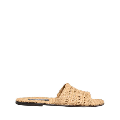 Dolce & Gabbana Beige Straw Raffia Slides Sandals Flats Shoes
