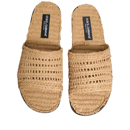 Dolce & Gabbana Beige Straw Raffia Slides Sandals Flats Shoes