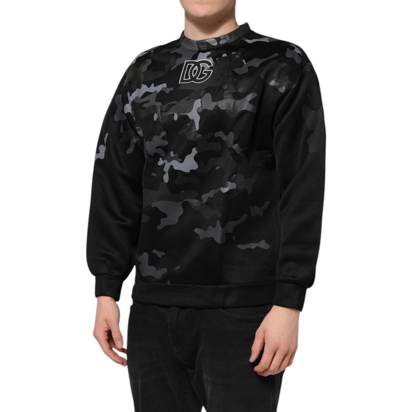 Dolce & Gabbana Black Camouflage Round Neck Sweatshirt Sweater on model, featuring sleek design and bold pattern for urban style