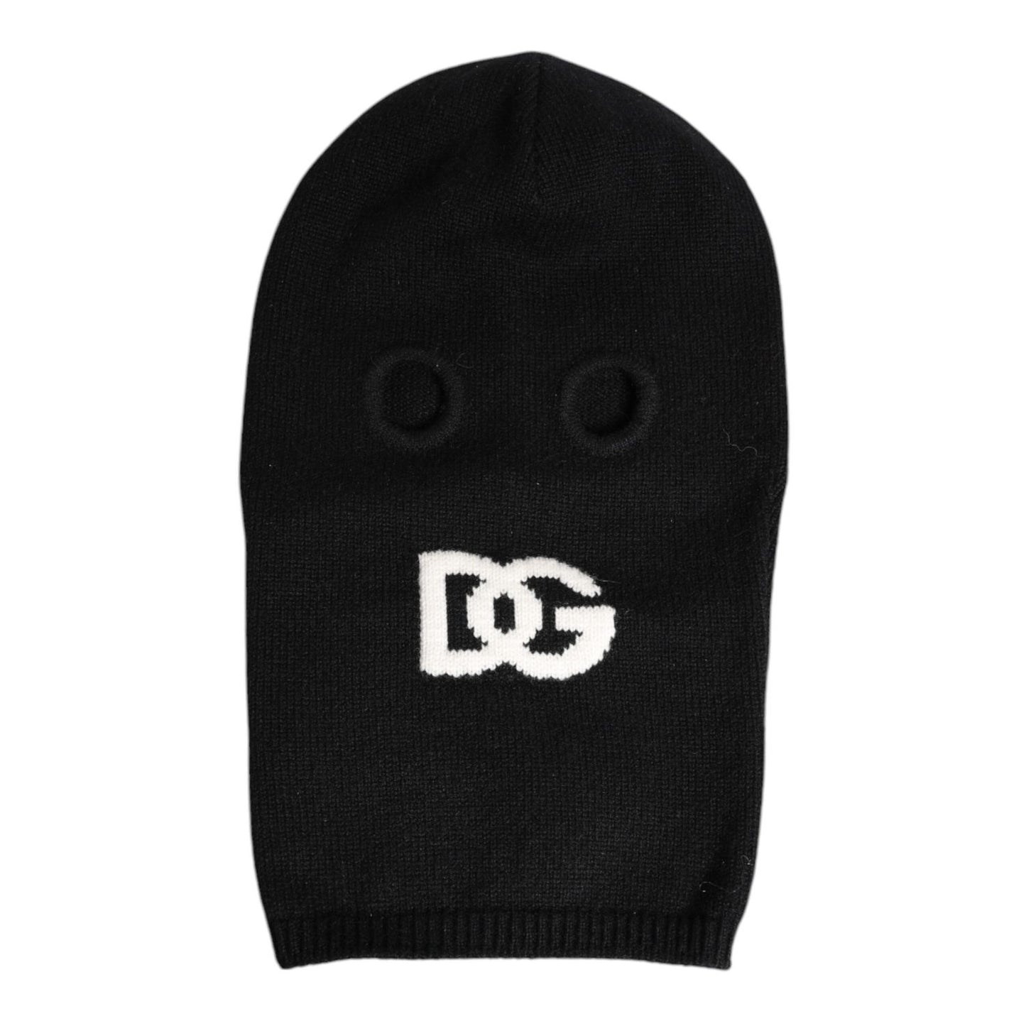 Dolce & Gabbana Black Cashmere Knitted Ski Mask Balaclava Hat with logo, made in Italy. Fashionable and luxurious winter accessory.