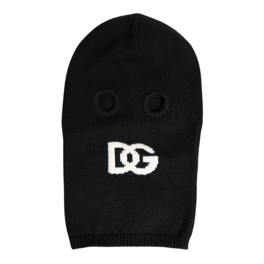 Dolce & Gabbana Black Cashmere Knitted Ski Mask Balaclava Hat with logo, made in Italy. Fashionable and luxurious winter accessory.